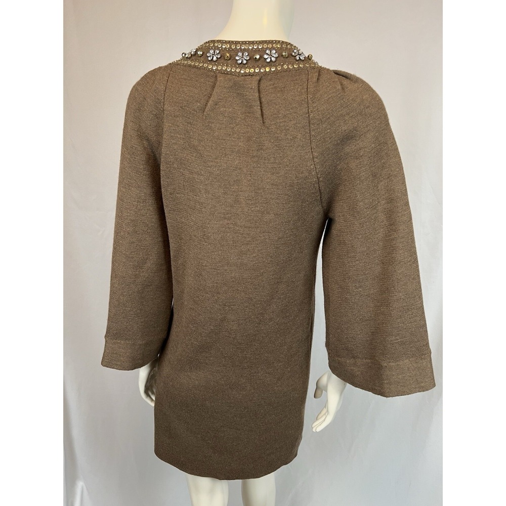 Tracy Reese Beautiful Beaded  Brown Wool Wide Sleeve Shift Dress Small Damaged - Picture 6 of 14